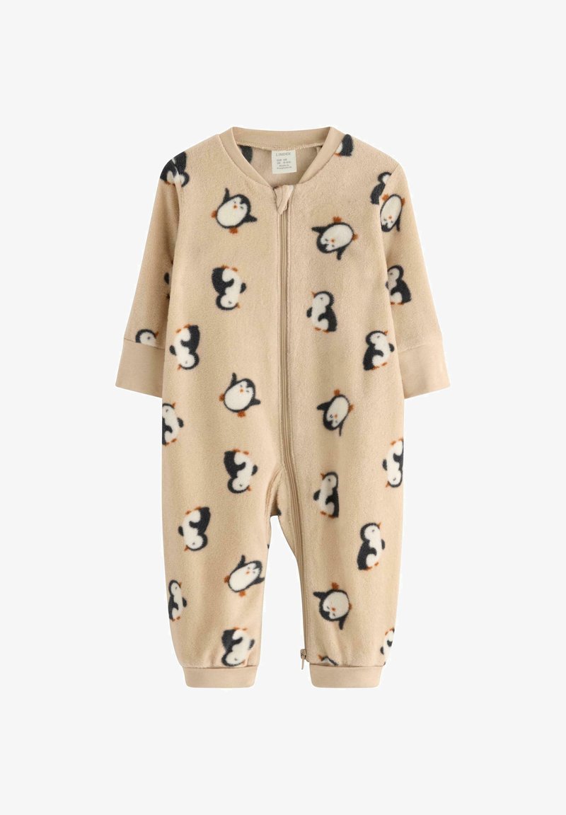 Beige Fleece-Schlafanzug mit einem ganzflächigen Pinguin-Muster, mit Reißverschluss, langen Ärmeln und gerippten Bündchen für einen engen Sitz.