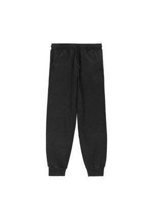 Czarne spodnie dresowe zwężane, z elastycznym pasem, sznurkiem do wiązania, bocznymi kieszeniami i ściągaczami w nogawkach.
