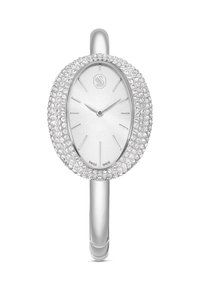 Zilveren ovale horloge met een met kristallen bezette rand en een gestructureerde zilveren wijzerplaat. Heeft slanke wijzers en een minimalistisch ontwerp. Zwitsers gemaakt.