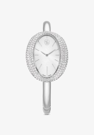 Zilveren ovale horloge met een met kristallen bezette rand en een gestructureerde zilveren wijzerplaat. Heeft slanke wijzers en een minimalistisch ontwerp. Zwitsers gemaakt.