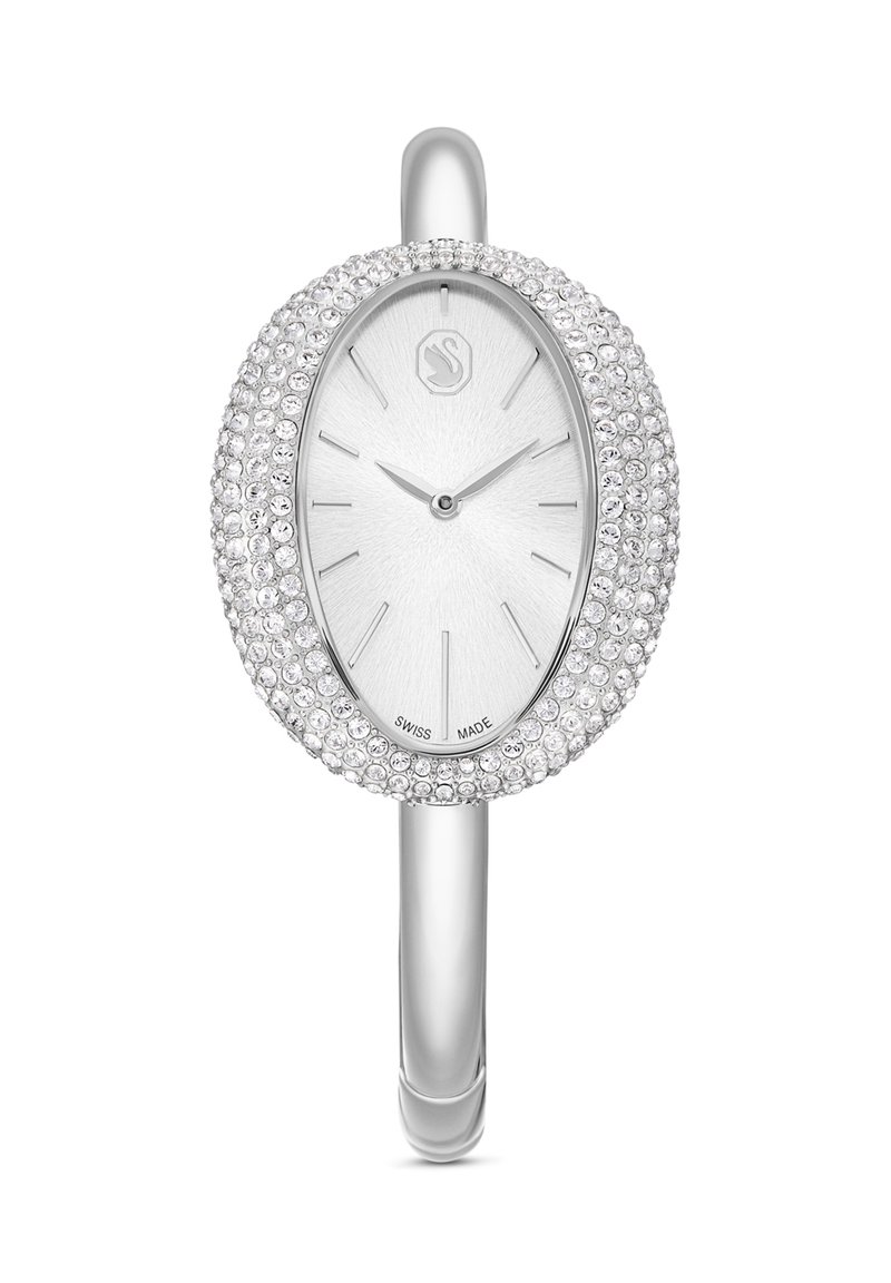 Zilveren ovale horloge met een met kristallen bezette rand en een gestructureerde zilveren wijzerplaat. Heeft slanke wijzers en een minimalistisch ontwerp. Zwitsers gemaakt.