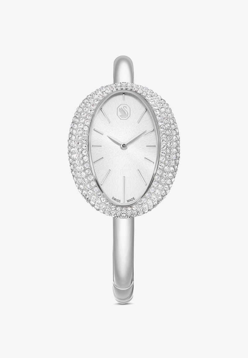 Zilveren ovale horloge met een met kristallen bezette rand en een gestructureerde zilveren wijzerplaat. Heeft slanke wijzers en een minimalistisch ontwerp. Zwitsers gemaakt.