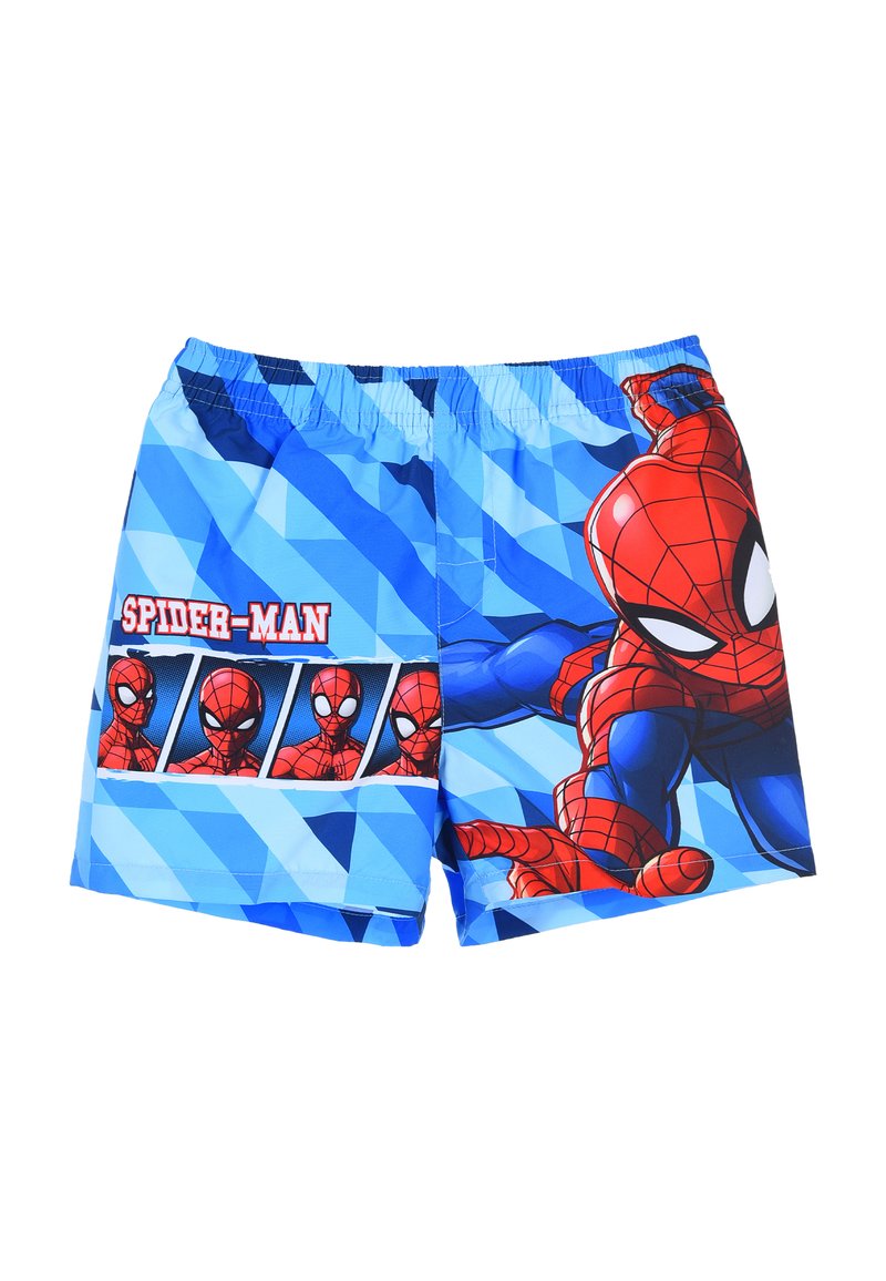 Blauwe zwembroek met een Spider-Man graphic, elastische tailleband en geometrische patronen in verschillende tinten blauw.