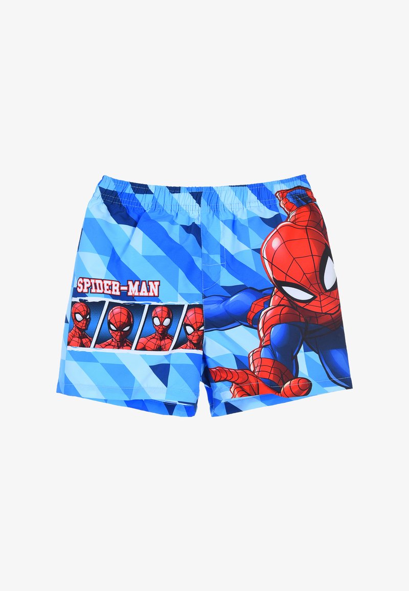 Costumini da bagno blu con grafica di Spider-Man, vita elasticizzata e motivi geometrici in diverse tonalità di blu.