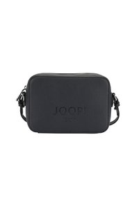 Borsa a tracolla nera in pelle con superficie testurizzata, chiusura con zip e logo impresso. Dotata di tracolla regolabile e forma rettangolare.