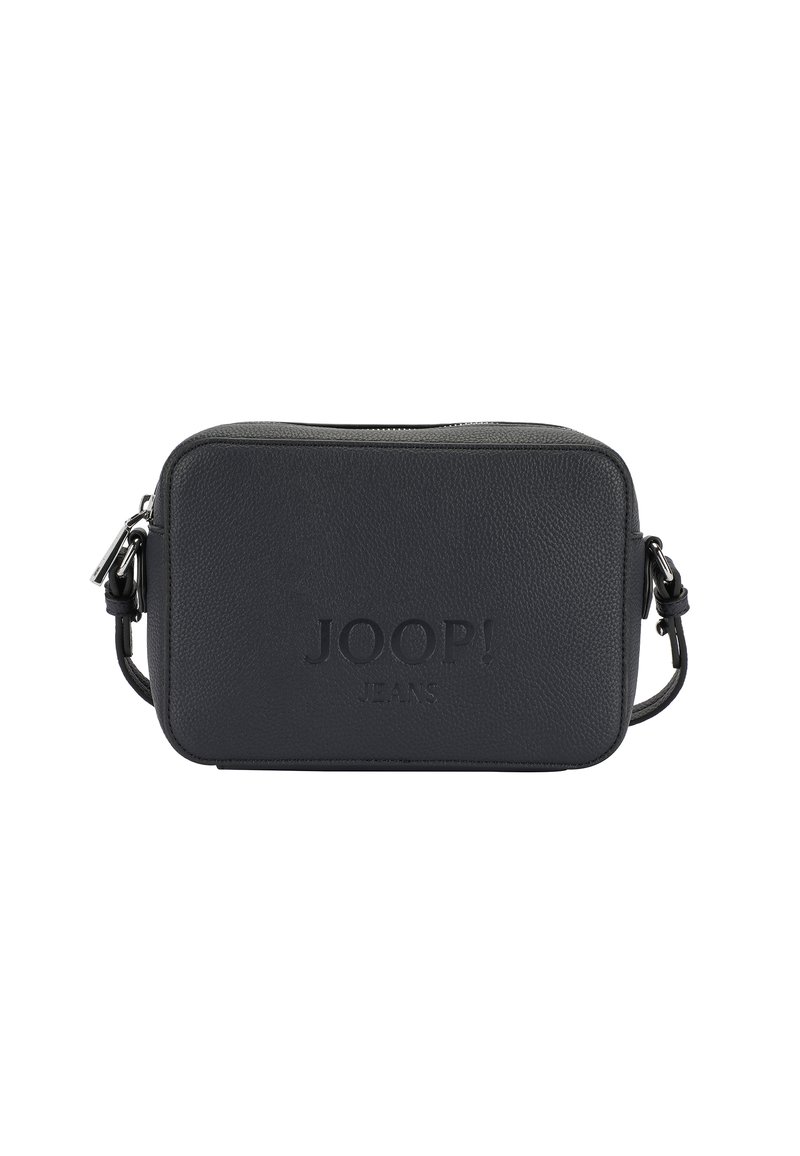 Borsa a tracolla nera in pelle con superficie testurizzata, chiusura con zip e logo impresso. Dotata di tracolla regolabile e forma rettangolare.