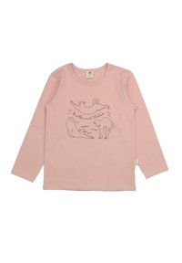 Rosa Langarmshirt aus weichem Baumwollstoff mit einer Lin Zeichnung von Katzen und dem Text "Atmen und Dehnen." Klassischer Rundhalsausschnitt.