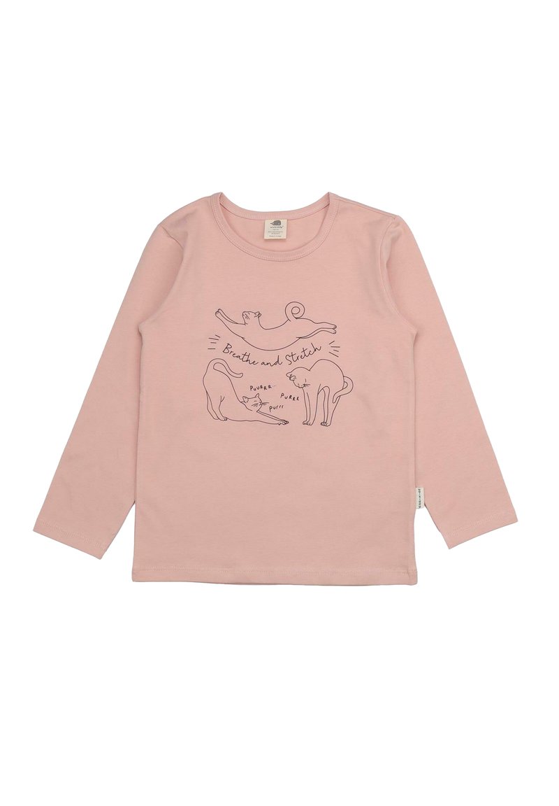 Rosa Langarmshirt aus weichem Baumwollstoff mit einer Lin Zeichnung von Katzen und dem Text "Atmen und Dehnen." Klassischer Rundhalsausschnitt.