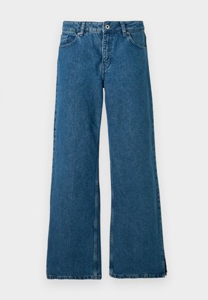 Weite blaue Denim-Jeans mit einem klassischen Fünf-Taschen-Design, ausgestattet mit einem Frontknopf und einem Reißverschluss sowie einer dezent verblassten Textur.
