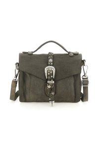 Borsa a tracolla in pelle grigia con forma strutturata, tracolla decorativa con fibbia, dettagli in metallo e tracolla regolabile. Superficie testurizzata.