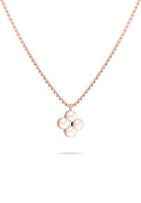 Rozen gouden ketting met een bloemenvormige hanger en vier glanzende witte parels. Gladde afwerking en delicate schakels.