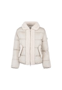 Giacca puffa beige chiaro con un morbido colletto in pelliccia artificiale color crema, zip frontale e due tasche laterali, caratterizzata da una texture trapuntata.
