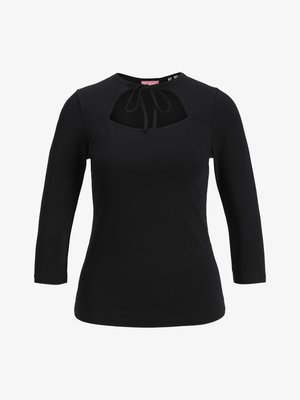 Svart langermet topp med utskjæring foran og knyting ved halsen, tettsittende silhuett og rund hals.