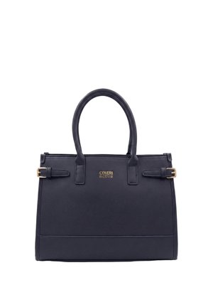 Borsa rettangolare nera con doppi manici, fibbie dorate ai lati e logo "Coveri active" in lettere dorate sul davanti.
