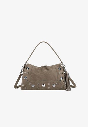 Borsa in camoscio verde oliva con borchie e occhielli argentati. Dotata di chiusura superiore con zip, tracolla regolabile e nappina decorativa.