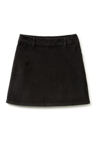 Černá kordurová sukni s rozšířeným tvarem, vybavená pasem s poutky na opasek. Hladká textura a rovný lem.