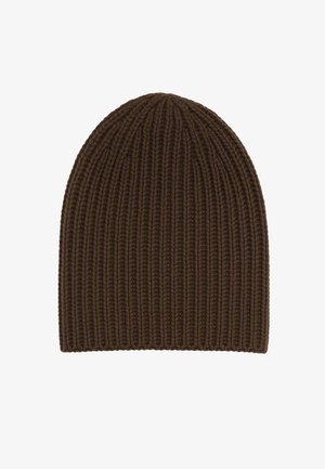 Cappello a berretto marrone a coste con una texture liscia. Presenta una sommità arrotondata e una vestibilità aderente, progettato per calore e comfort.