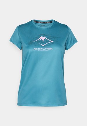 Teal performance t-shirt made of smooth, moisture-wicking fabric. Features a pink and black mountain graphic and round neckline.