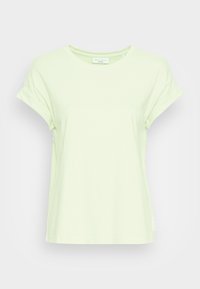 Jasnozielona, krótko rękawowa koszulka wykonana z miękkiej bawełny. Ma okrągły dekolt i luźny krój. Brak widocznych wzorów lub akcentów.