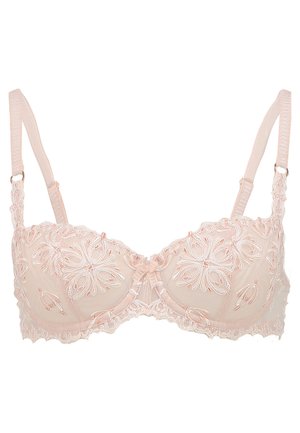 Light pink embroidered bra with underwire, detailed floral patterns, scalloped lace edges, and adjustable straps. Center bow accent.