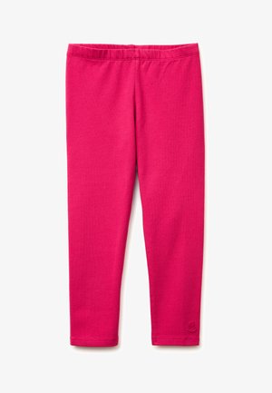 Helle pinkfarbene Leggings in voller Länge mit elastischem Bund und kleinem besticktem Logo nahe dem unteren Saum am rechten Bein.