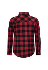 Rood en zwart geruit flanellen overhemd met lange mouwen, knopenmanschetten en een gebogen zoom. Etiket zichtbaar bij de kraag. Zachte textuur.