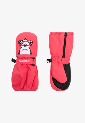 Kindermittens in het roze met een berenontwerp, elastische pols en zwarte palm. Gemaakt van zacht materiaal, geschikt voor activiteiten in koud weer.