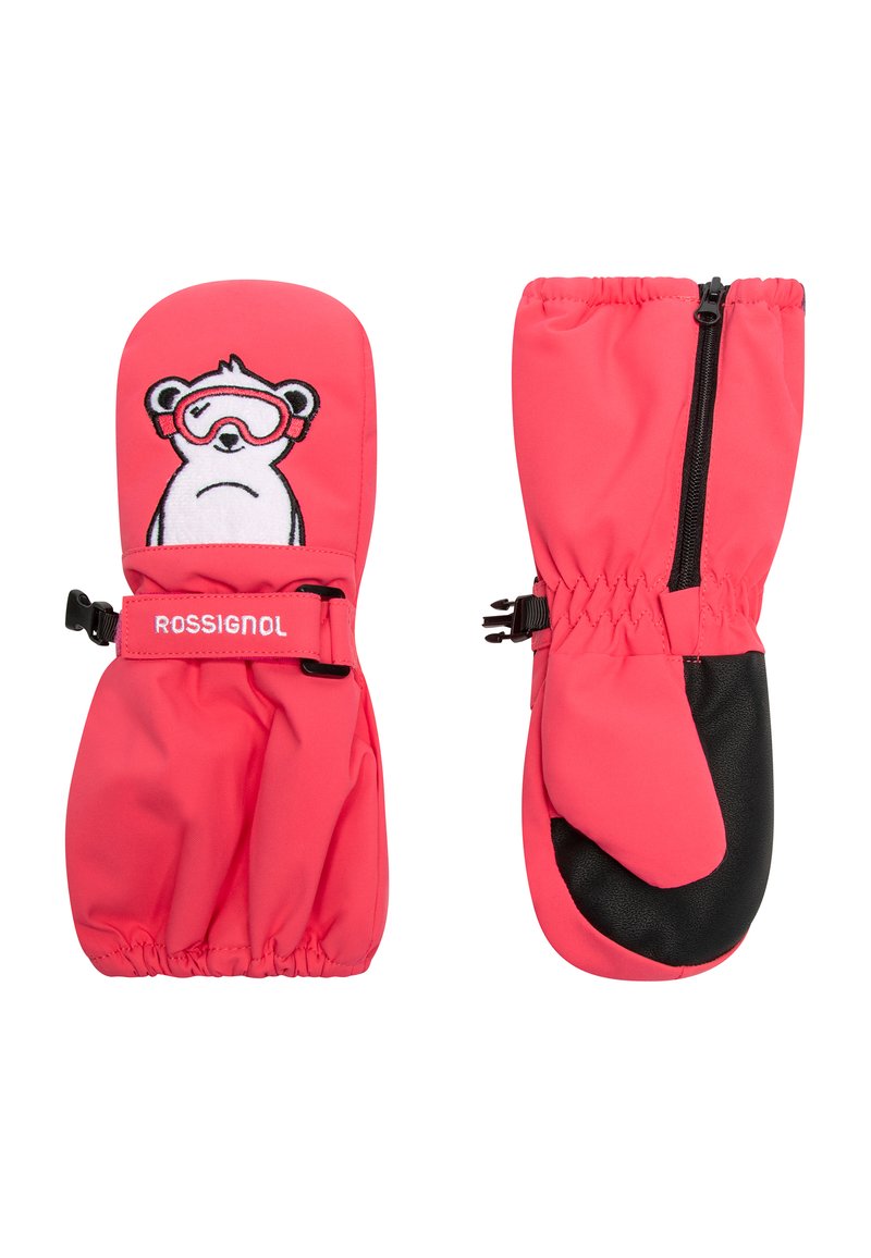 Barnens rosa vantar har en björndesign, elastisk handled och svart palm. Tillverkade av mjukt material, lämpliga för kalla väderaktiviteter.
