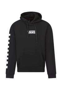 Sudadera negra hecha de una tela suave, con un bolsillo canguro en la parte frontal, cordón ajustable y un logo blanco en el pecho con rayas estampadas en las mangas.