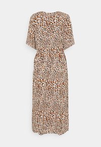 Abito midi con maniche corte, caratterizzato da un motivo a stampa leopardo in arancione, nero e beige, e una vita cinchata.