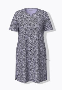 Fioletowa sukienka z krótkimi rękawami, ozdobiona szczegółowym czarnym wzorem kwiatowym i paisley, z dekoltem w serek oraz rozcięciami po bokach dla swobody ruchów.