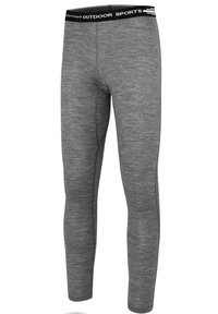 Graue Sportleggings mit glatter Textur, einer figurschmeichelnden Passform und einem schwarzen elastischen Bund mit der Aufschrift "OUTDOOR SPORTS."