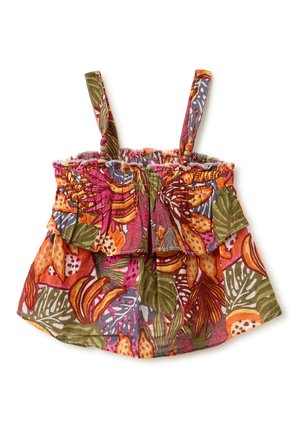 Sukienka bez rękawów dla malucha z elastycznym falbankowym topem i wielokolorowym tropikalnym wzorem liści w odcieniach pomarańczowego, różowego, zielonego i fioletowego.