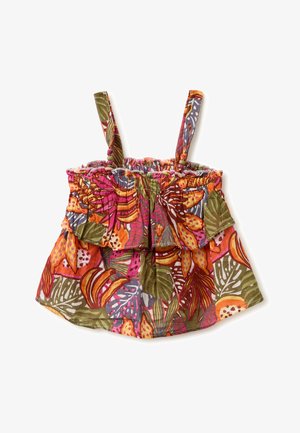 Sukienka bez rękawów dla malucha z elastycznym falbankowym topem i wielokolorowym tropikalnym wzorem liści w odcieniach pomarańczowego, różowego, zielonego i fioletowego.