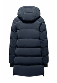 Donkerblauwe pufferjack met een afneembare capuchon, gekwilt delen en elastische manchetten. Gladde textuur en verstelbare zoom voor een goede pasvorm.