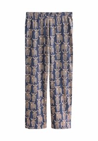 Pantaloni da pigiama blu navy con vita elastica, caratterizzati da un motivo ripetitivo di animali in stile cartone animato beige. Tessuto morbido e leggero.