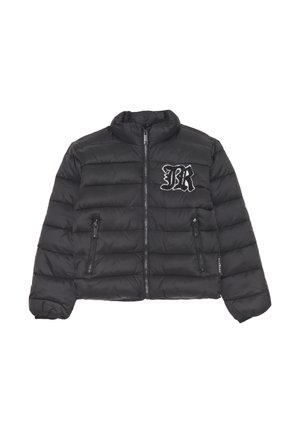 Giacca a sacco nera con zip frontale, colletto alto, design trapuntato e due tasche laterali con zip. Presenta un ricamo "BR" sul petto.