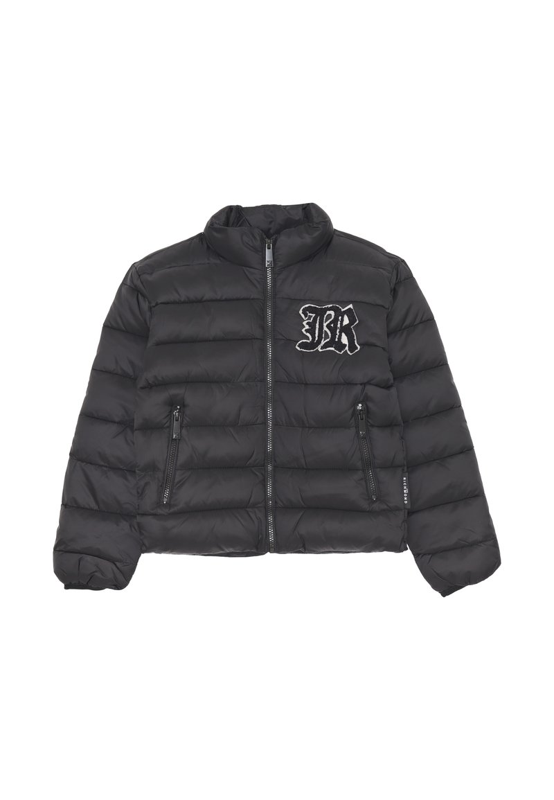 Giacca a sacco nera con zip frontale, colletto alto, design trapuntato e due tasche laterali con zip. Presenta un ricamo "BR" sul petto.