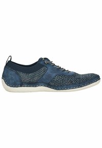 Chaussure décontractée bleue pour homme à lacets, en tricot et cuir, semelle blanche flexible et languette au talon.