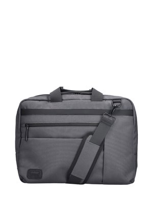 Sacoche d'ordinateur portable rectangulaire grise avec poche zippée à l'avant, bandoulière amovible et doubles poignées sur fond blanc.