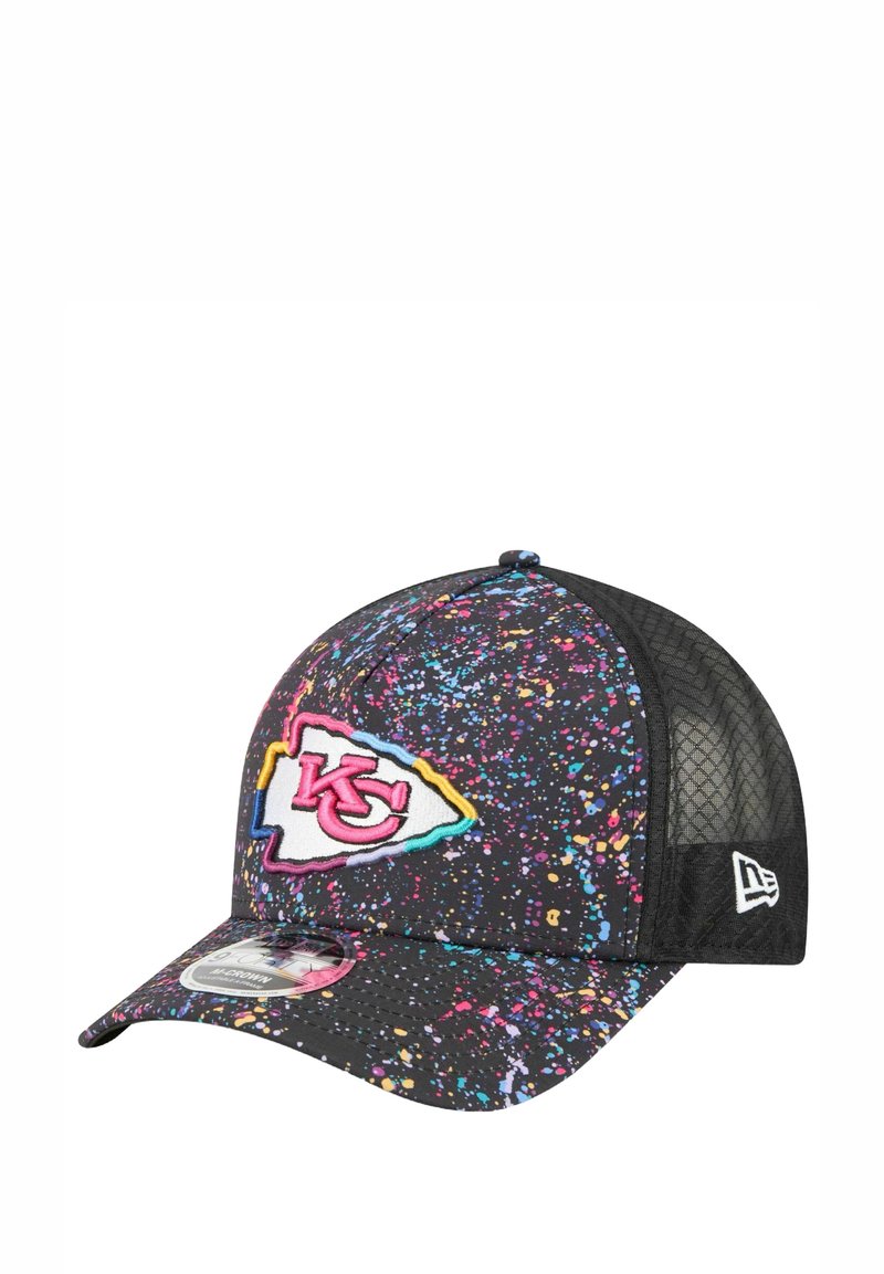 Black cap with a colorful splatter pattern, featuring an embroidered Kansas City Chiefs logo on the front and mesh back panels.