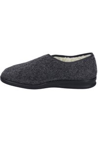Gray felt slippers with a soft, fuzzy lining, featuring a rounded toe and a flexible black rubber sole for comfort.
