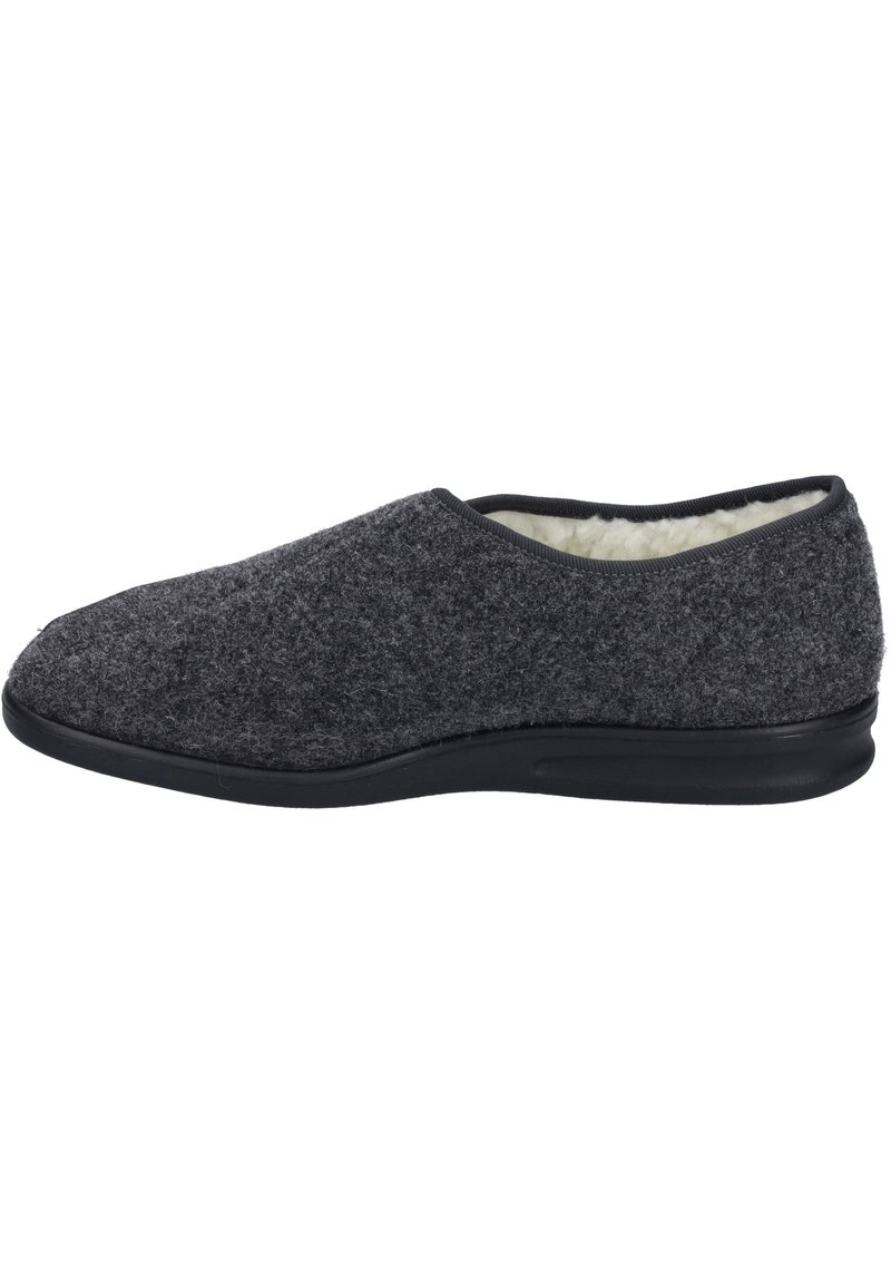 Gray felt slippers with a soft, fuzzy lining, featuring a rounded toe and a flexible black rubber sole for comfort.