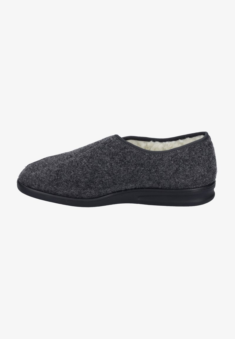 Gray felt slippers with a soft, fuzzy lining, featuring a rounded toe and a flexible black rubber sole for comfort.