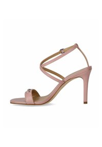Sandali alti rosa con una finitura lucida e texture. Design con cinturini, chiusura alla caviglia e tacco a stiletto slanciato.