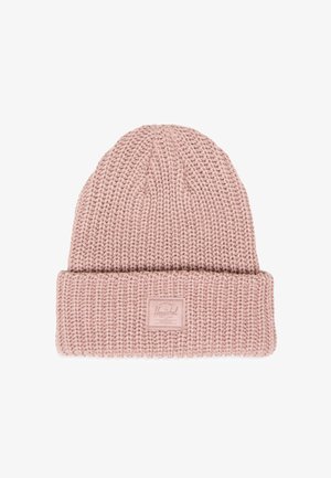 Knitted pink beanie with a folded cuff, featuring a small rectangular brand patch. Textured design with a soft, woven appearance.
