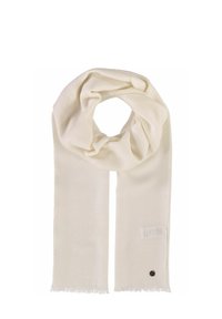 Écharpe blanche avec une texture douce et lisse. Elle pr�ésente des bords effilochés et une petite étiquette avec un accent de bouton noir.