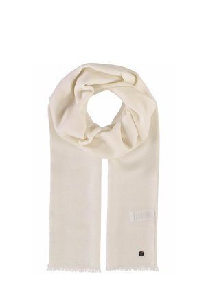 White scarf with a soft, smooth texture. It features frayed edges and a small label with a black button accent.