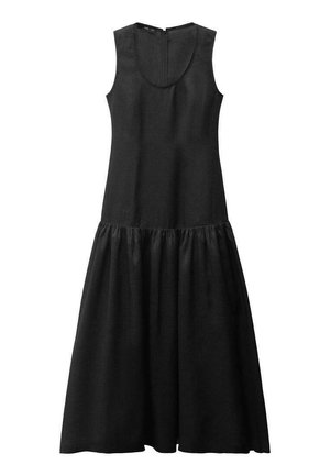 Robe sans manches noire avec un col rond, section de jupe froncée et fermeture éclair au dos. Fabriquée en tissu lisse et léger.