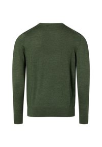 Dunkelgrüner Pullover aus weichem Strickmaterial. Verfügt über lange Ärmel, einen Rundhalsausschnitt sowie gerippte Bündchen und Saum. Einfaches Design ohne Muster.
